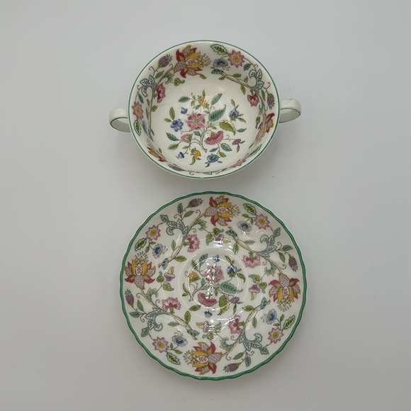 Minton Haddon Hall Chintz w Green Trim Soup Cream Bowl  with Stand - Picture 5 of 16